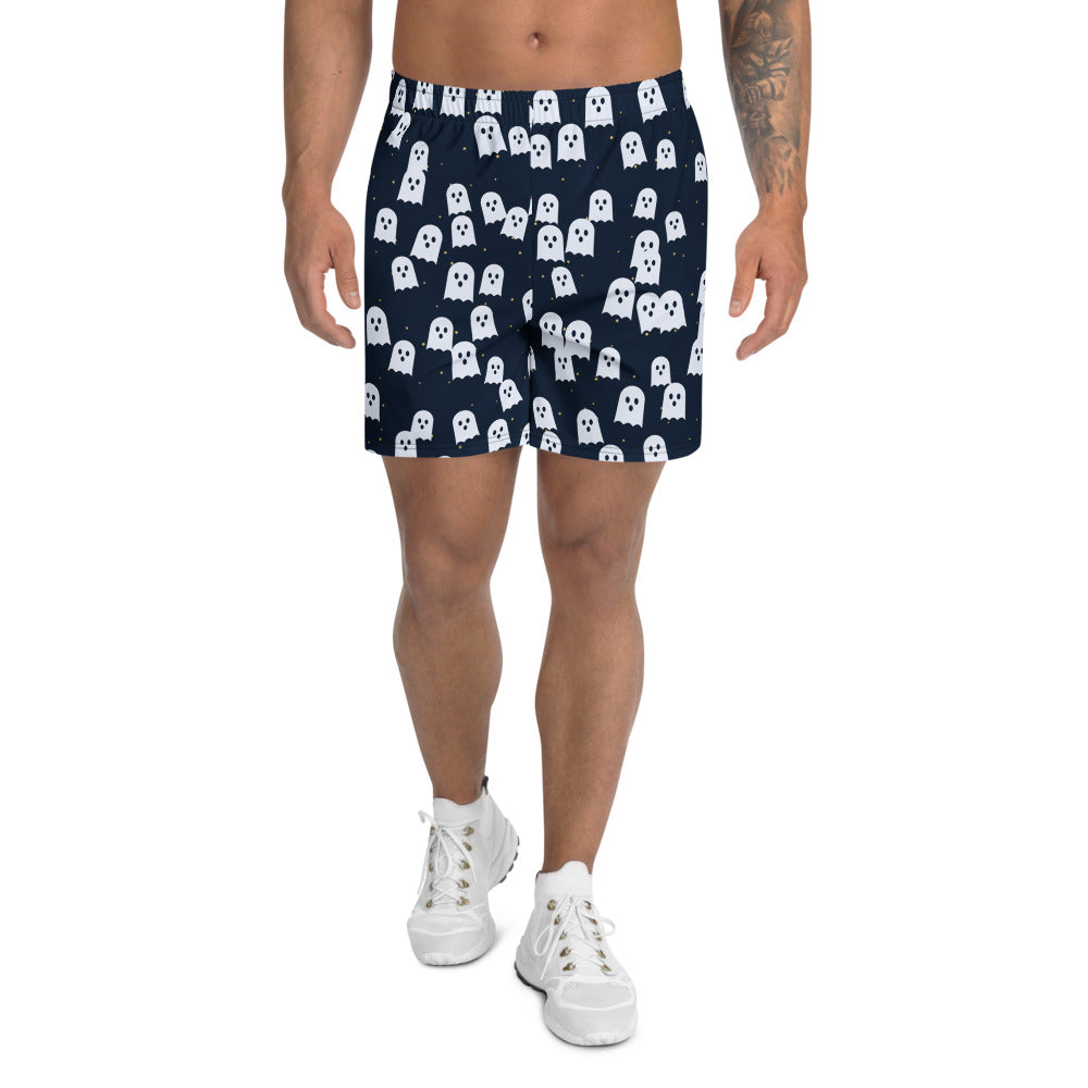 Halloween Ghostly Night Ghost Parade athletic multipurpose shorts, Printful supplier mockup 1