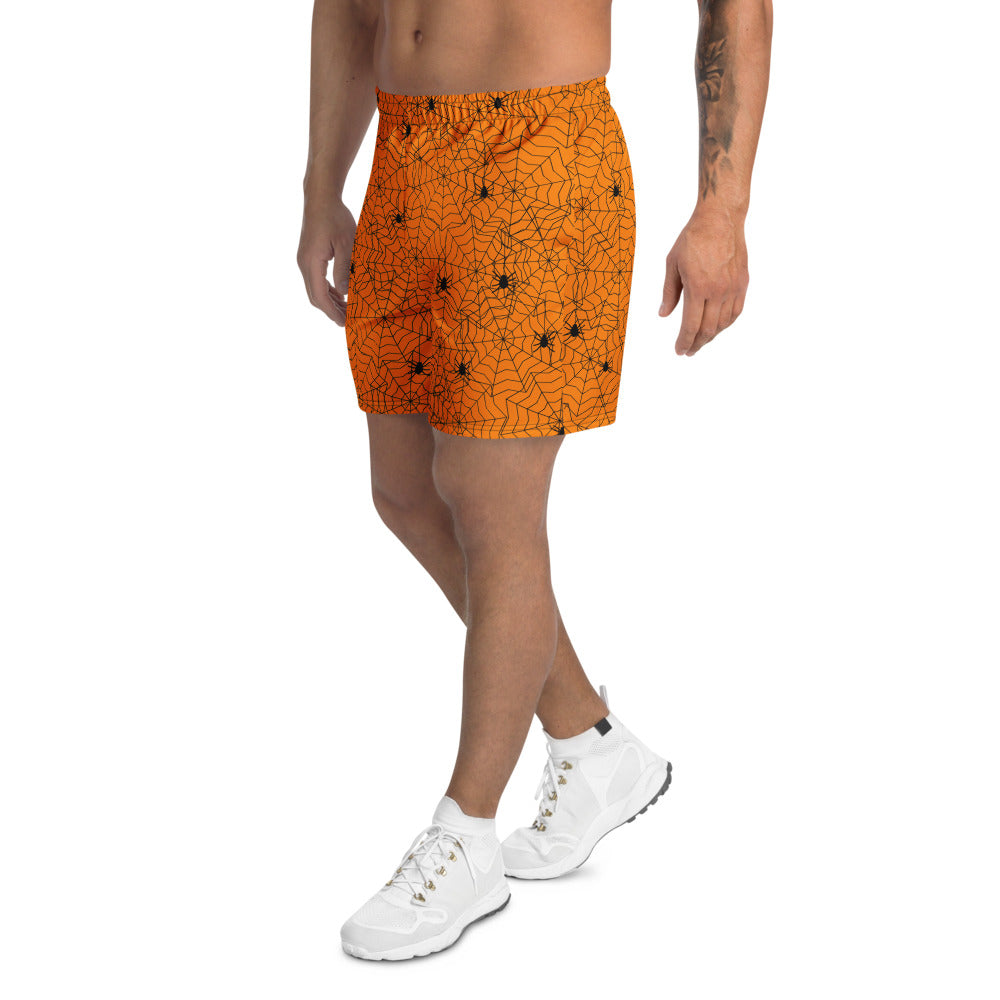 Halloween Pumpkin Orange Spiderweb athletic multipurpose shorts, Printful supplier mockup 3