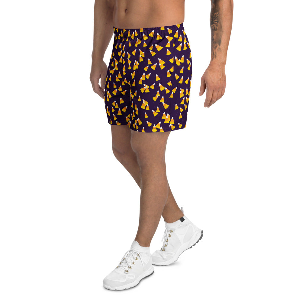 Halloween Hocus Pocus Candy Corn Toss athletic multipurpose shorts, Printful supplier mockup 3