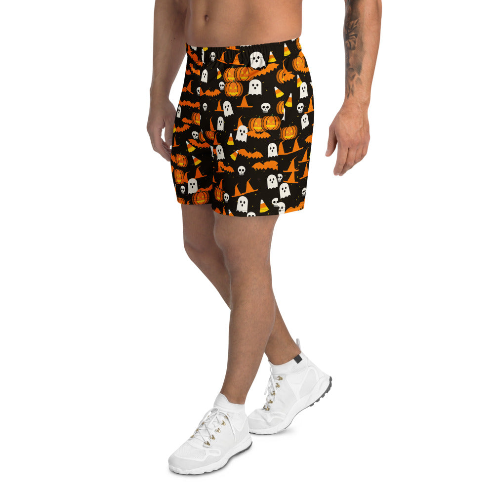 Halloween Candy Corn Spooky Mix athletic multipurpose shorts, Printful supplier mockup 3