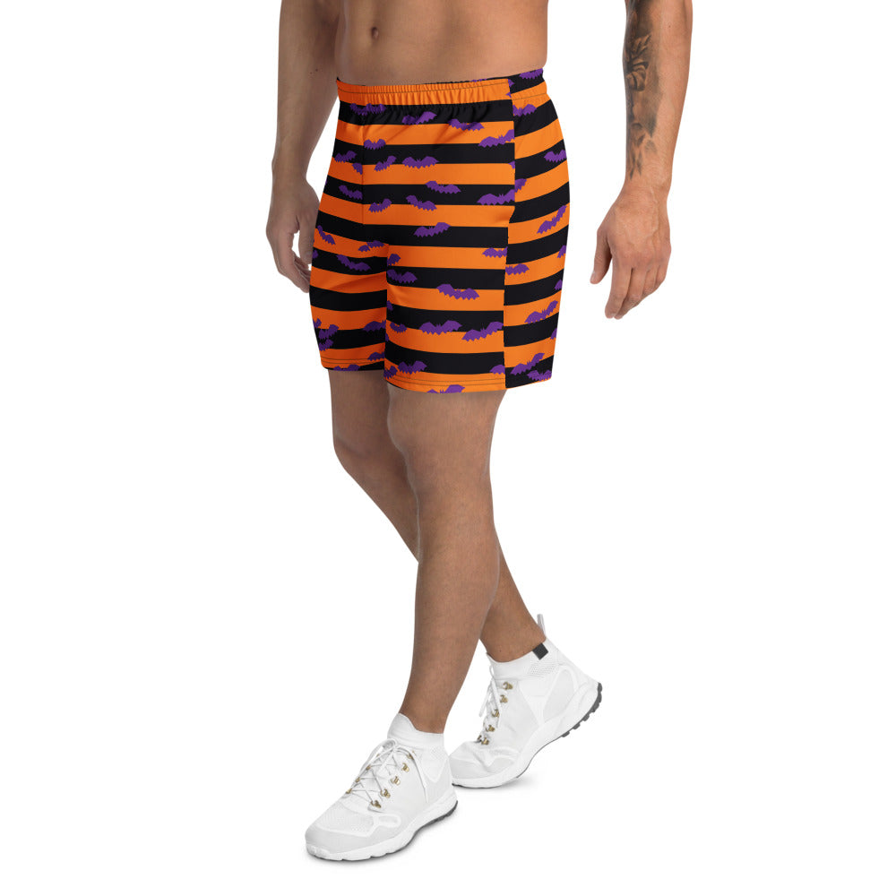 Halloween Midnight Pumpkin Bat Stripe athletic multipurpose shorts, Printful supplier mockup 3