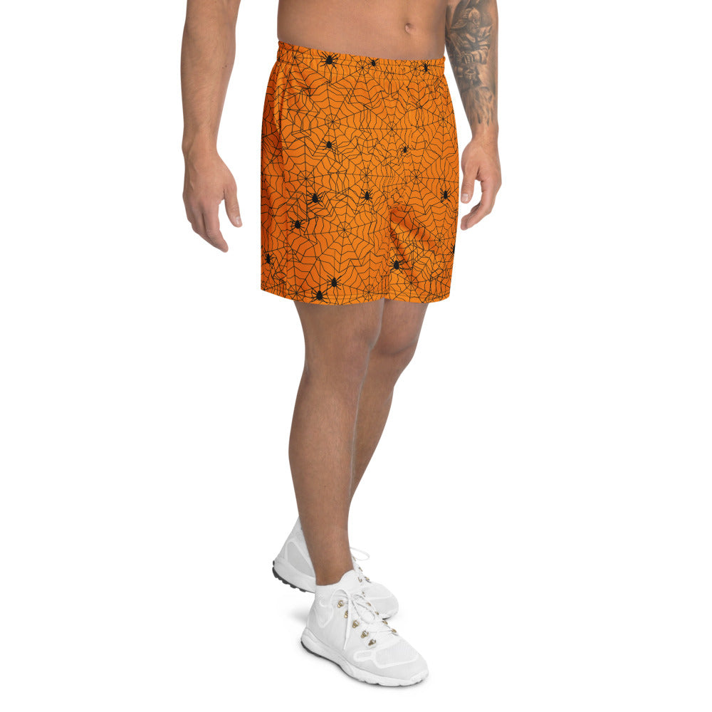 Halloween Pumpkin Orange Spiderweb athletic multipurpose shorts, Printful supplier mockup 2