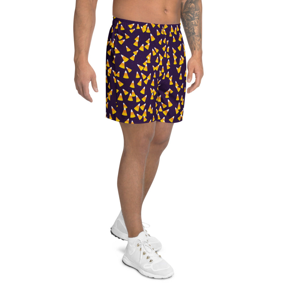 Halloween Hocus Pocus Candy Corn Toss athletic multipurpose shorts, Printful supplier mockup 2