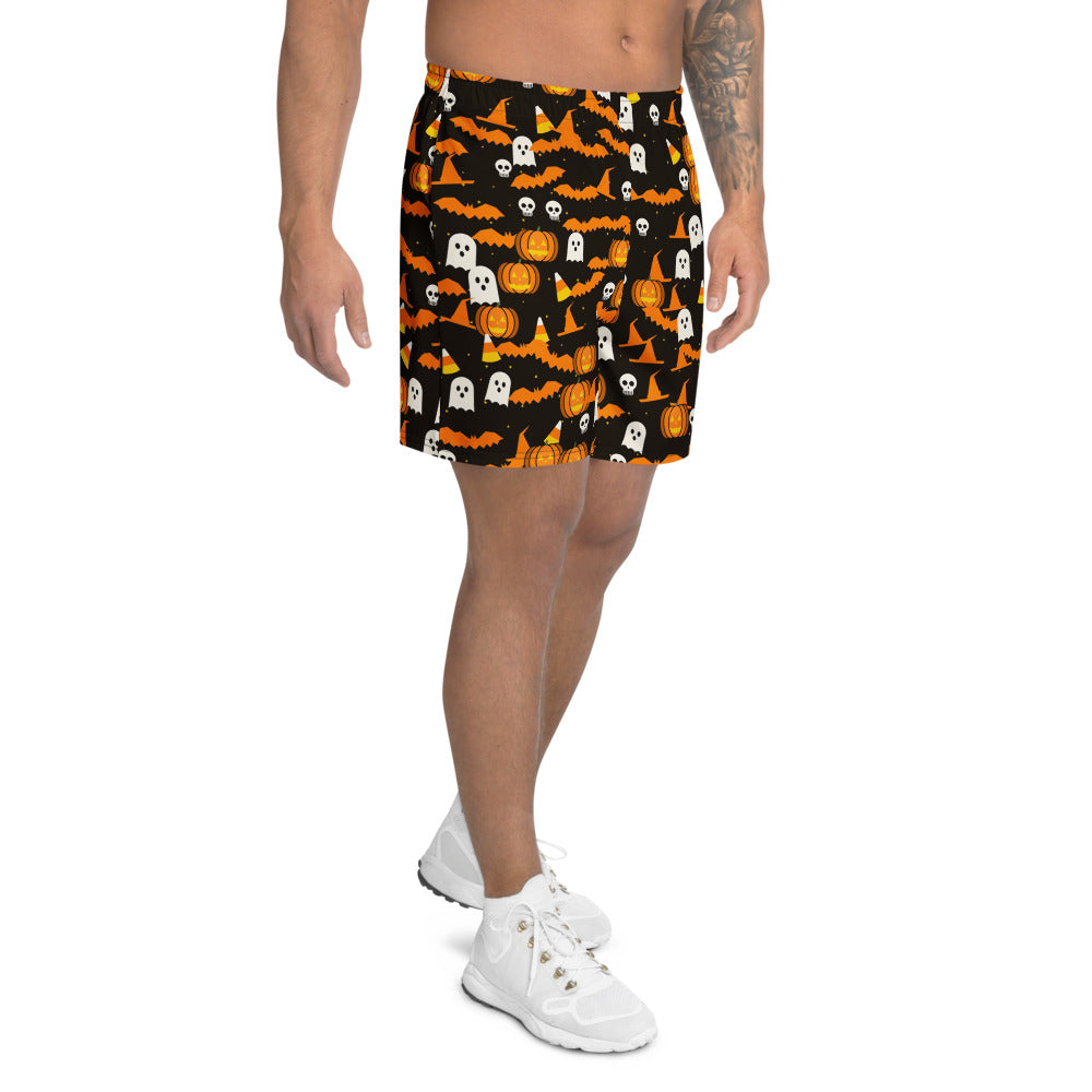 Halloween Candy Corn Spooky Mix athletic multipurpose shorts, Printful supplier mockup 2