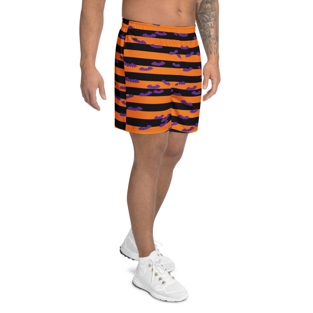 Halloween Midnight Pumpkin Bat Stripe athletic multipurpose shorts, Printful supplier mockup 2