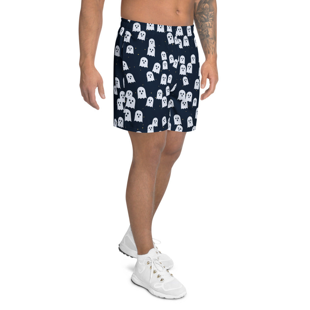 Halloween Ghostly Night Ghost Parade athletic multipurpose shorts, Printful supplier mockup 2