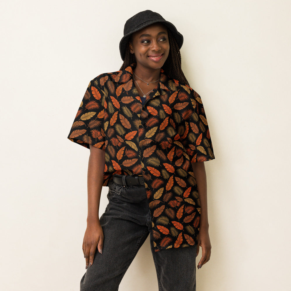 Lava Palm button-up shirt on a woman, front