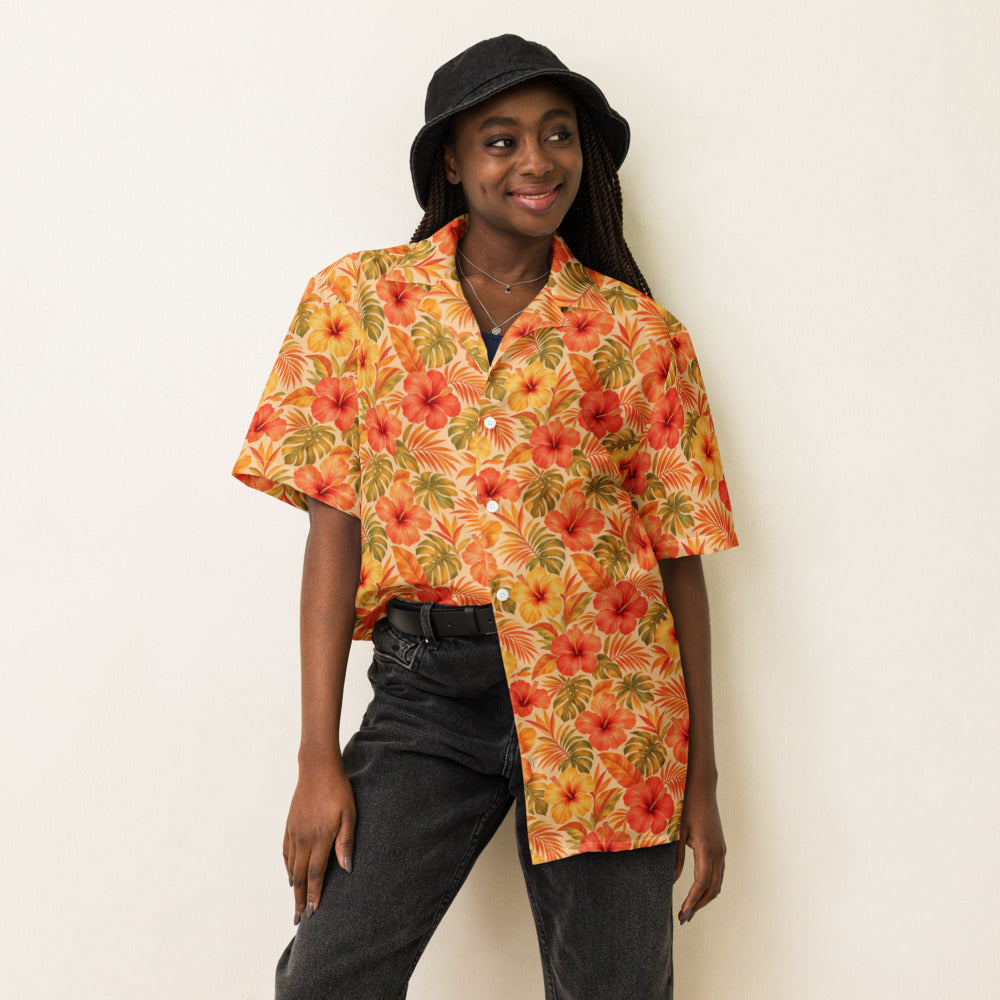 Inferno Hibiscus button-up shirt on a woman, front