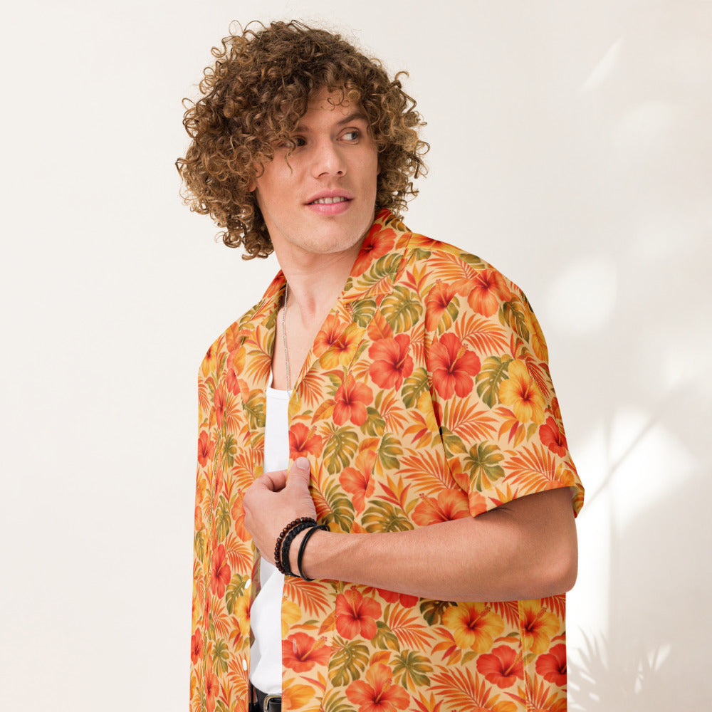 Inferno Hibiscus button-up shirt on a man, front