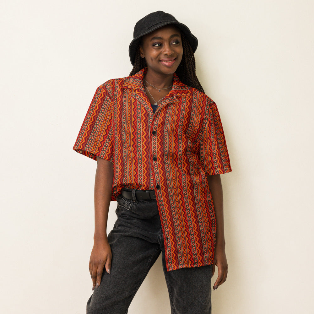 Solar Crochet Stripe button-up shirt on a woman, front