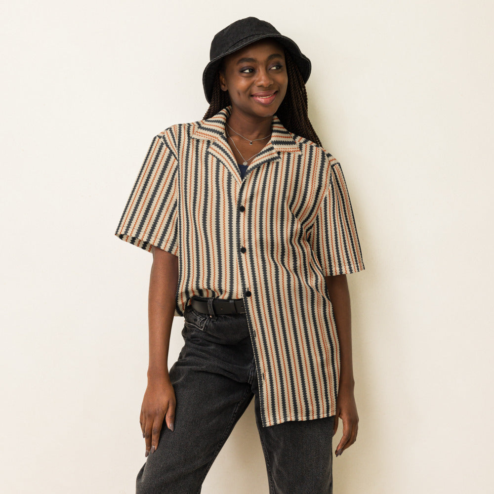 Ember Jacquard Stripe button-up shirt on a woman, front