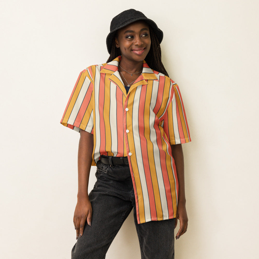 Sunset Wide Stripe button-up shirt on a woman, front