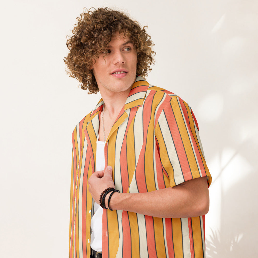 Sunset Wide Stripe button-up shirt on a man, front