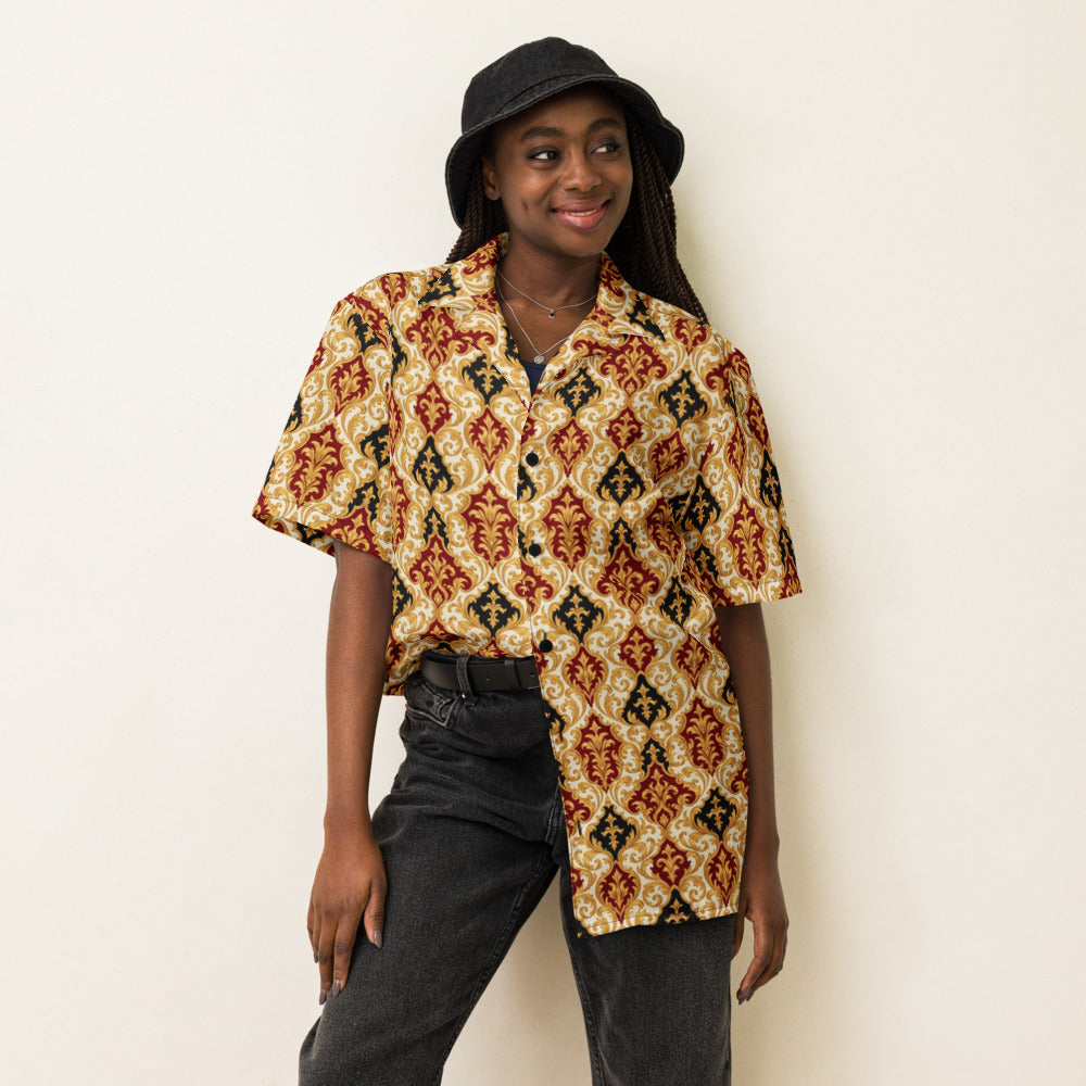 Gold Flame Baroque button-up shirt on a woman, front