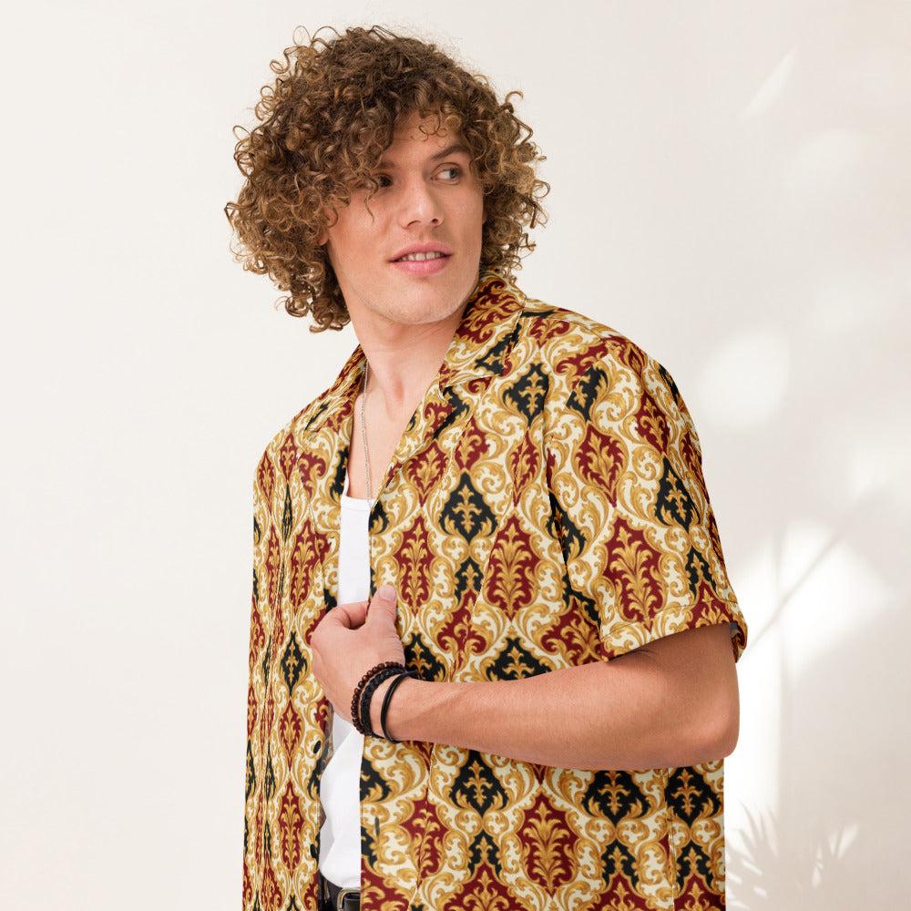 Gold Flame Baroque button-up shirt on a man, front