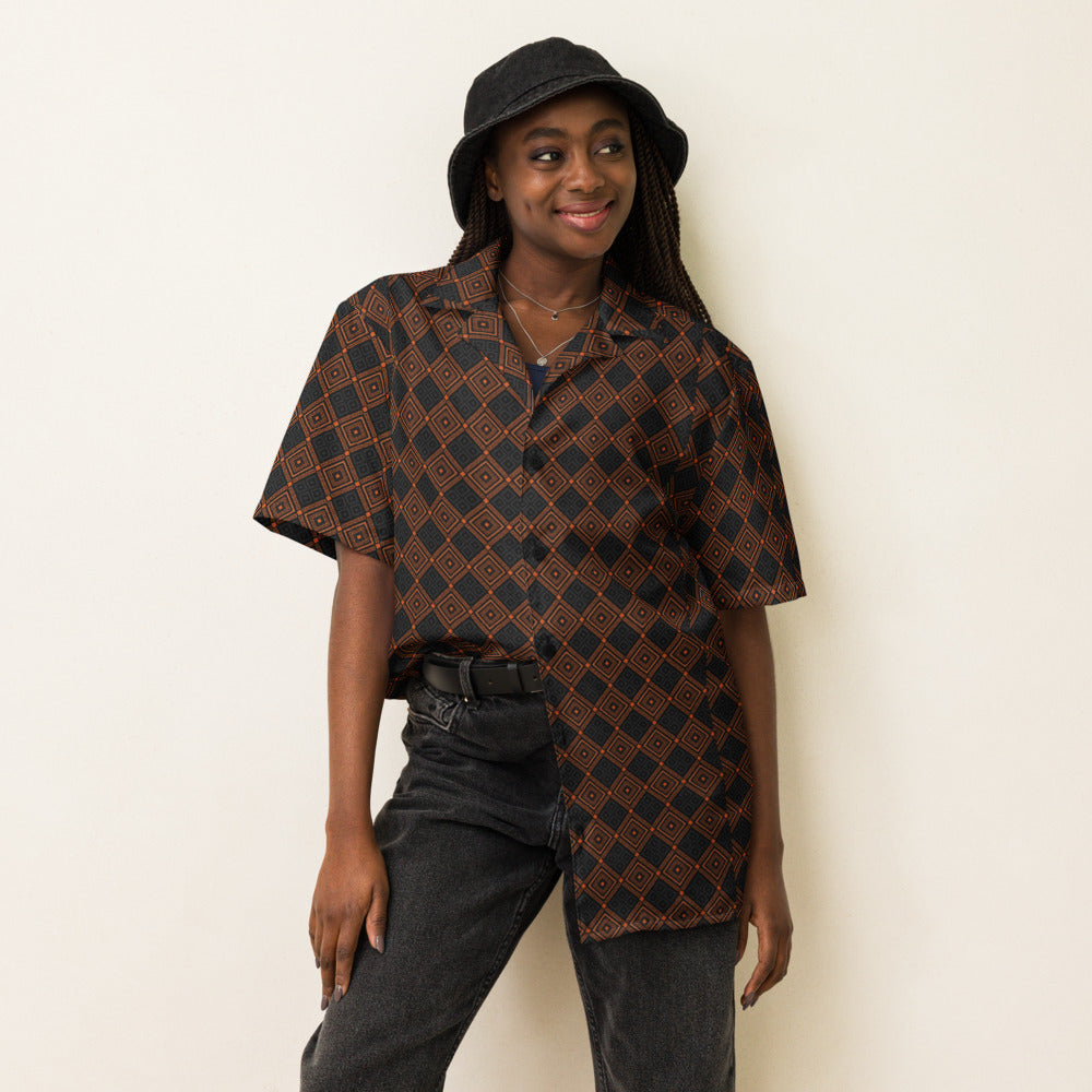 Black Ember Diamond button-up shirt on a woman, front