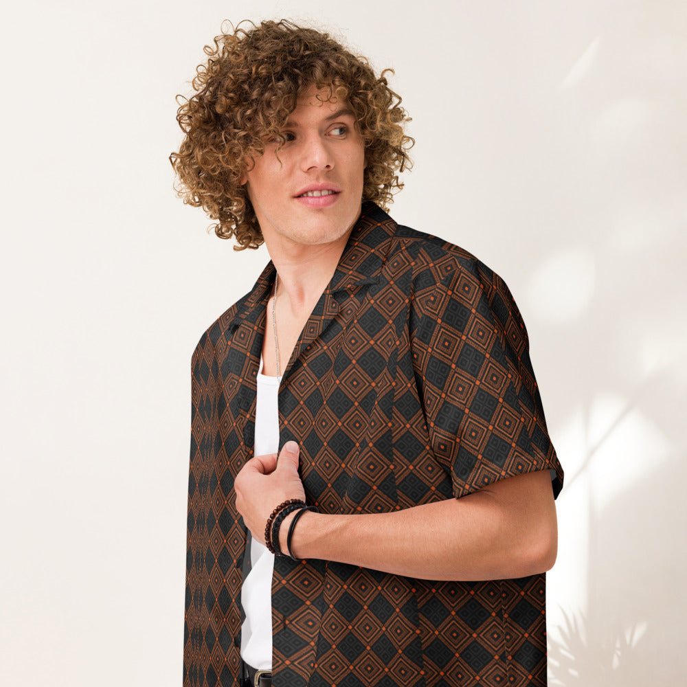 Black Ember Diamond button-up shirt on a man, front