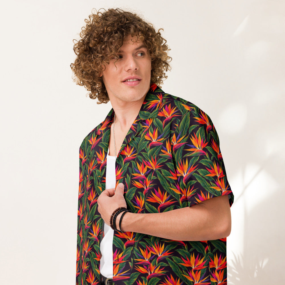 Bird of Paradise Blaze button-up shirt on a man, front