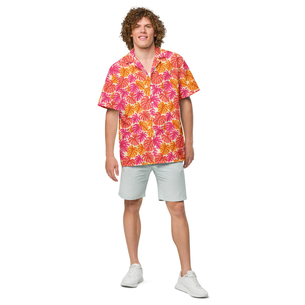 Coral Monstera button-up shirt front view
