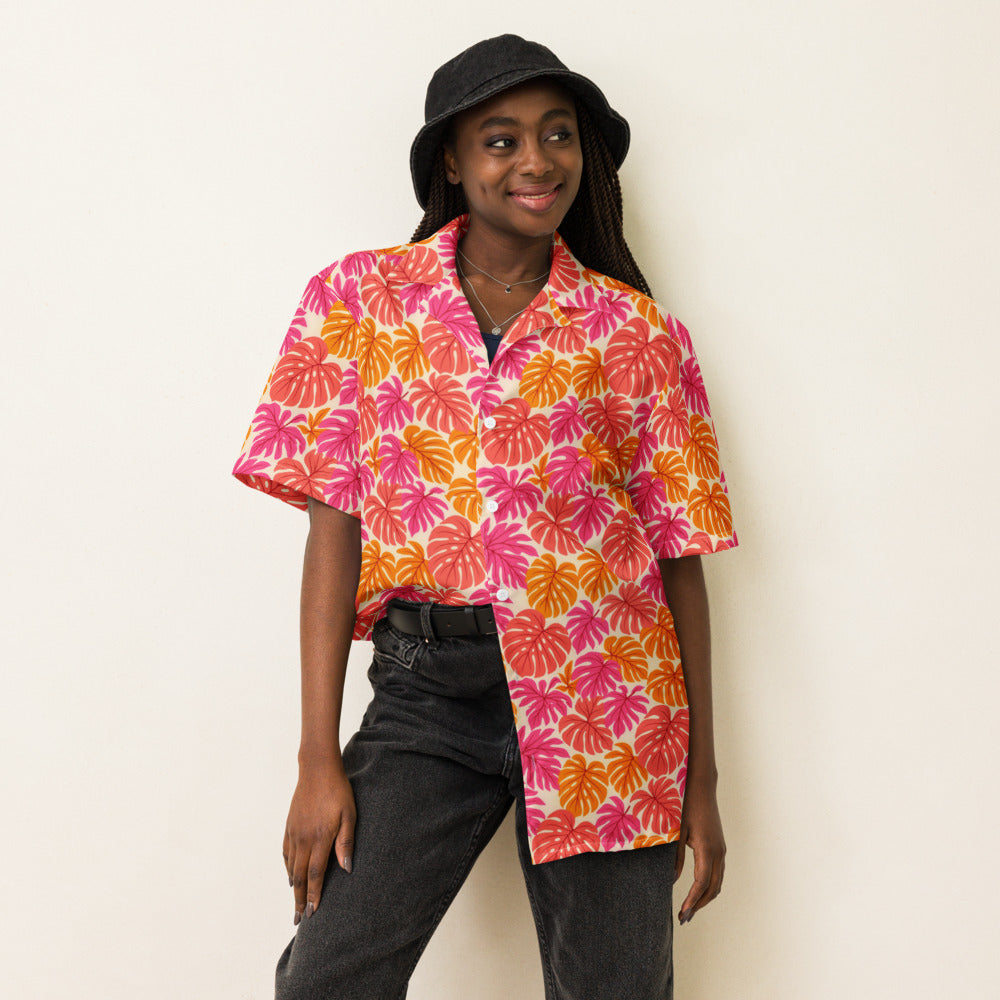 Coral Monstera button-up shirt on a woman, front