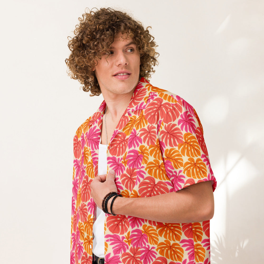 Coral Monstera button-up shirt on a man, front