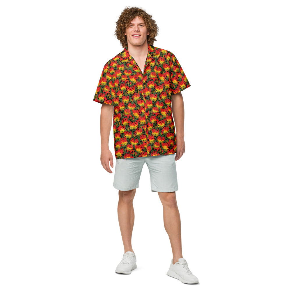 Flame Lily button-up shirt front view