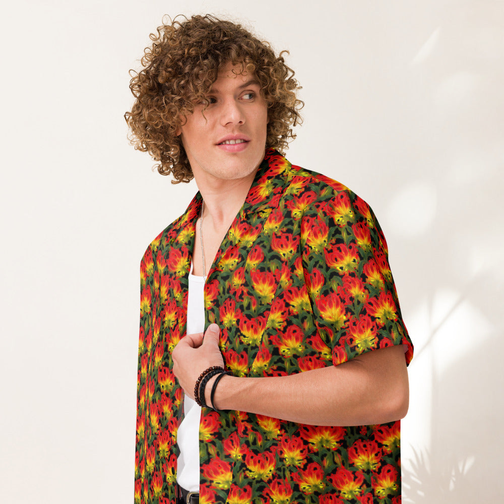 Flame Lily button-up shirt on a man, front