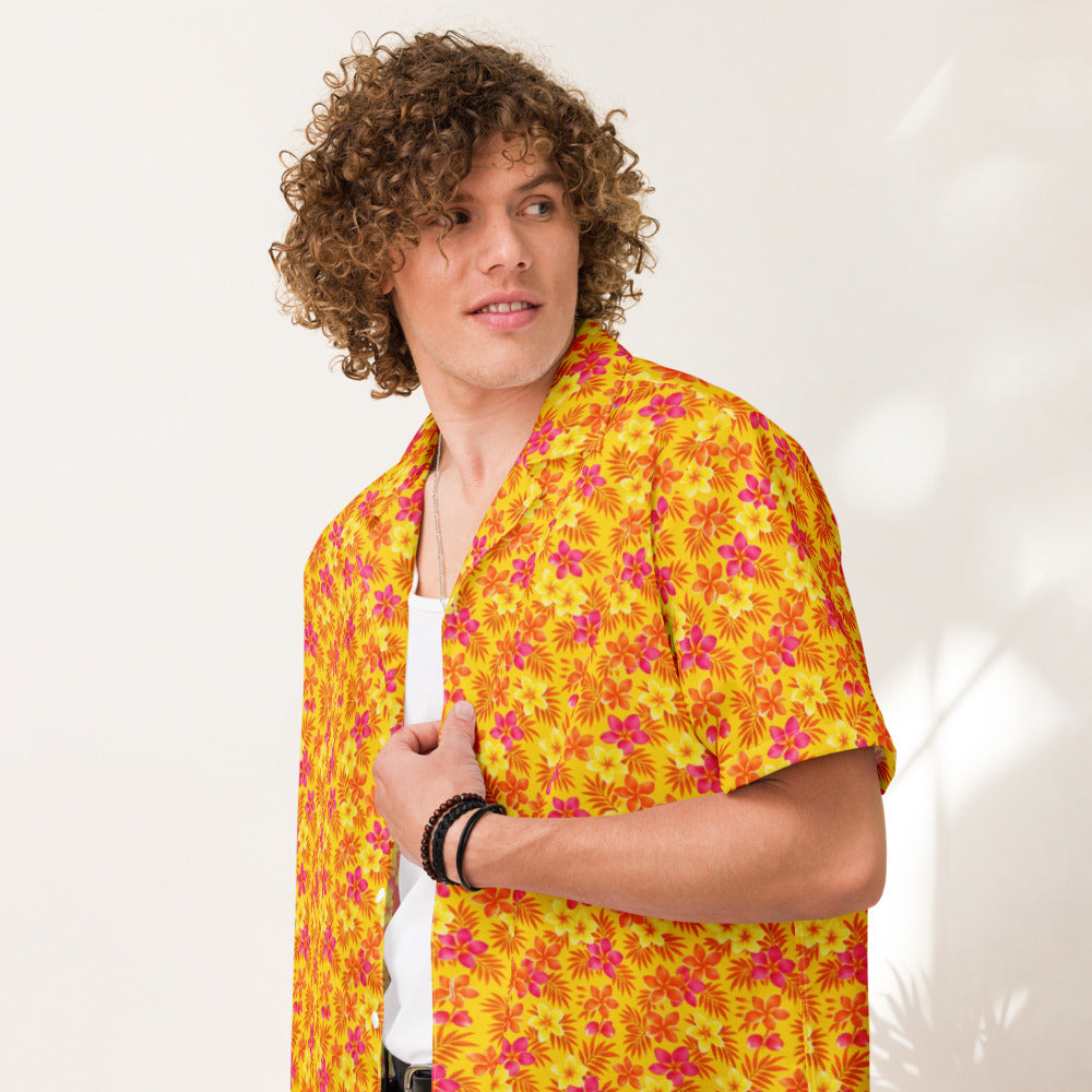 Tropic Heat Plumeria button-up shirt on a man, front