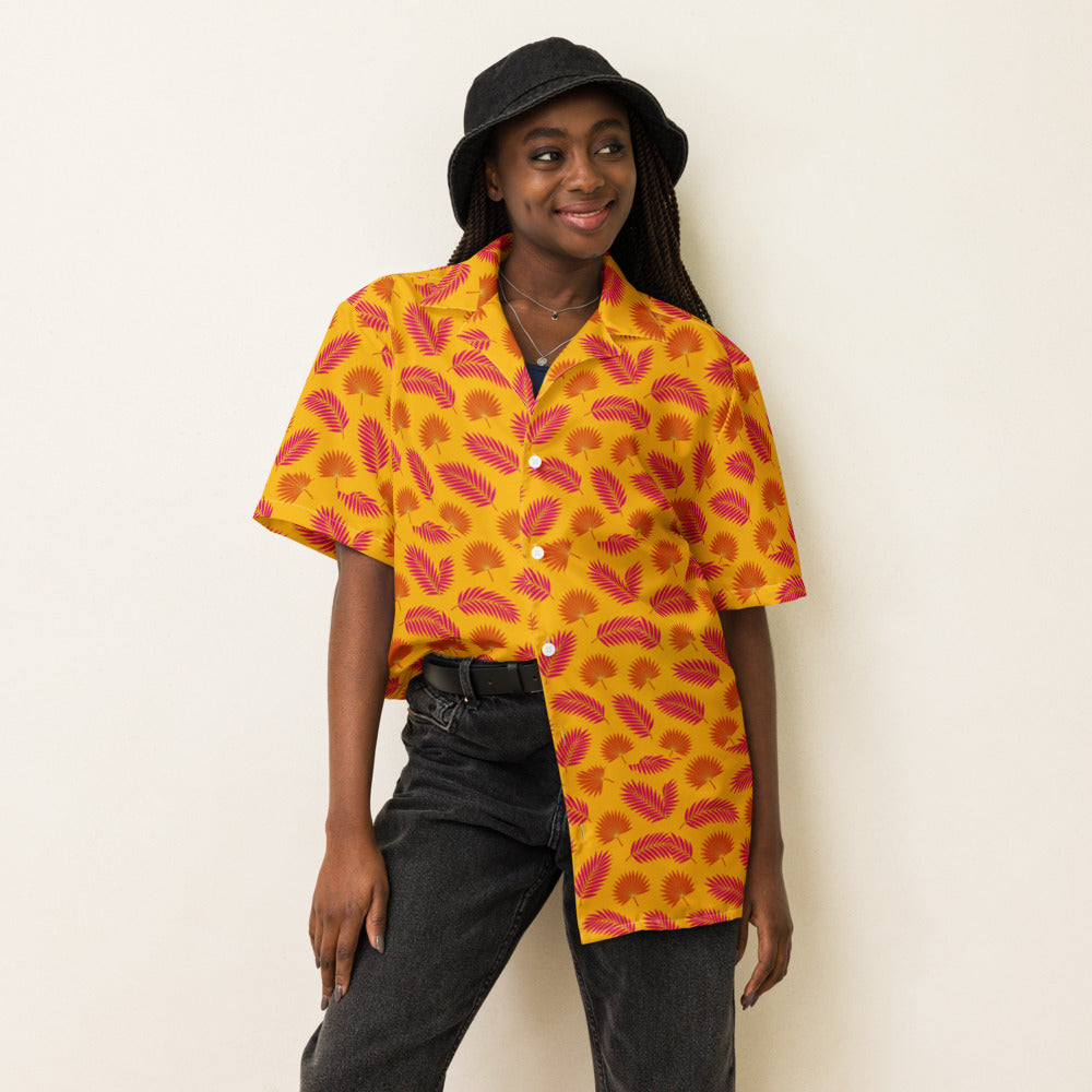Mango Tango Palm button-up shirt on a woman, front