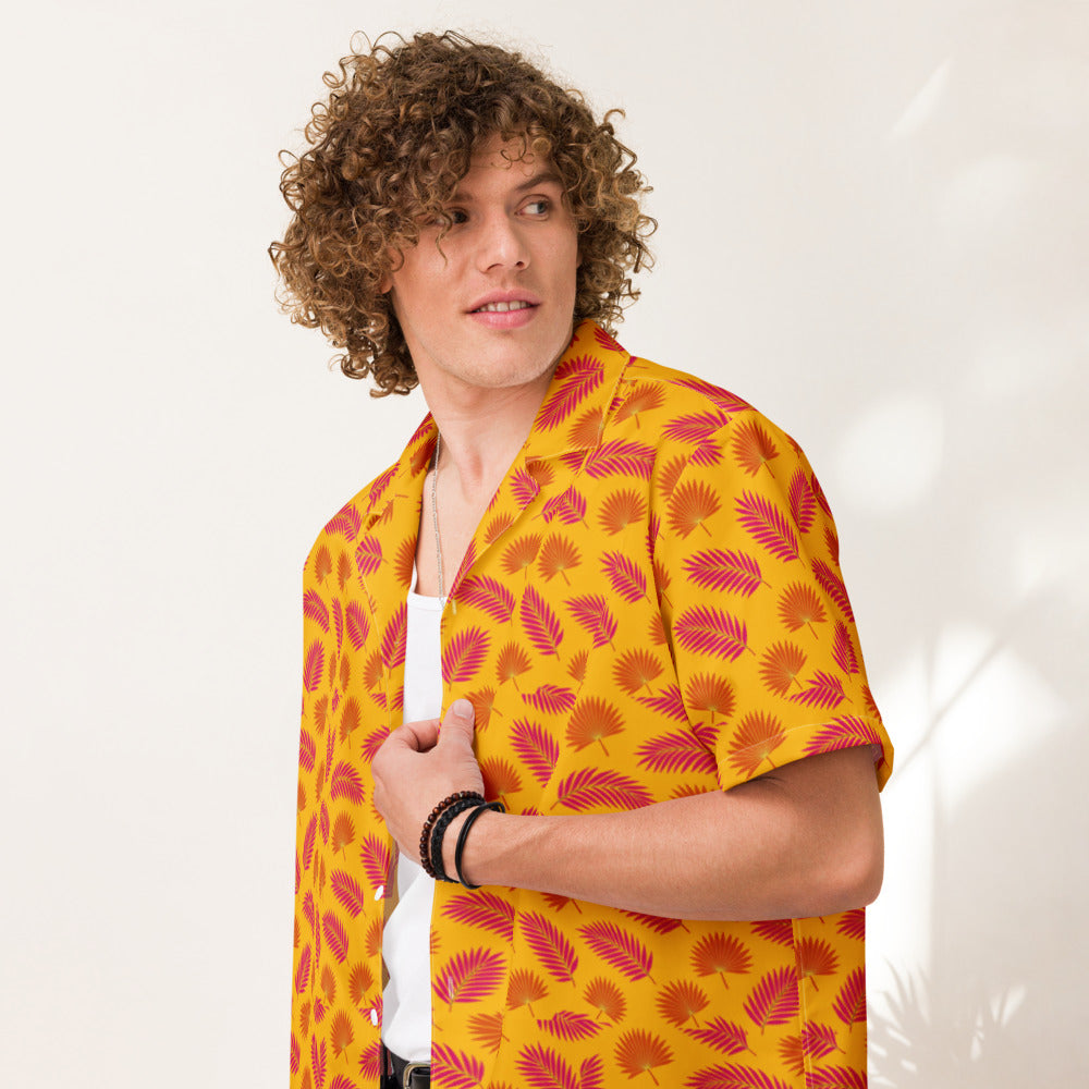 Mango Tango Palm button-up shirt on a man, front