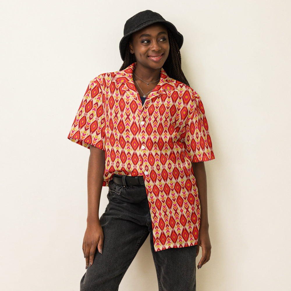 Inferno Ikat button-up shirt on a woman, front