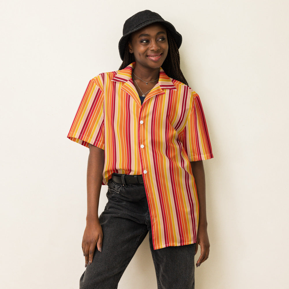 Sunrise Ombre Stripe button-up shirt on a woman, front