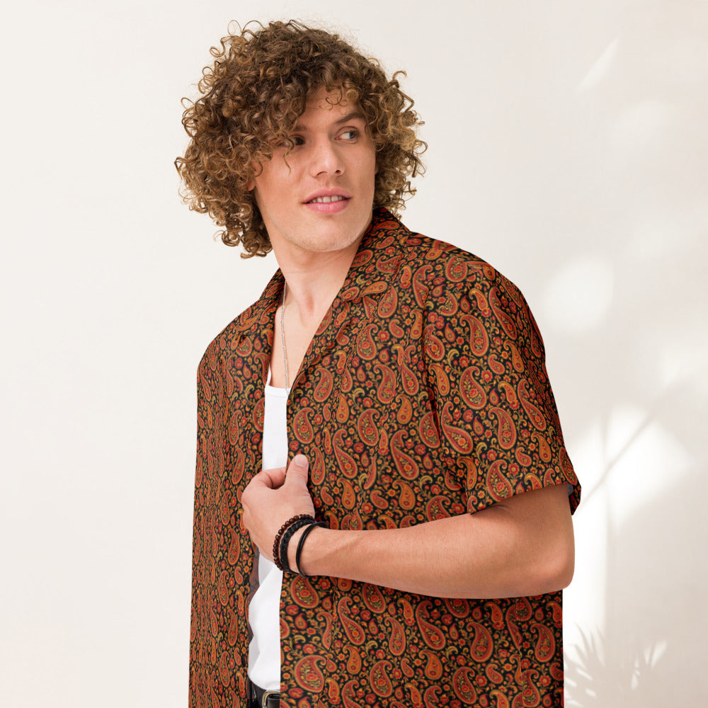 Fire Paisley button-up shirt on a man, front