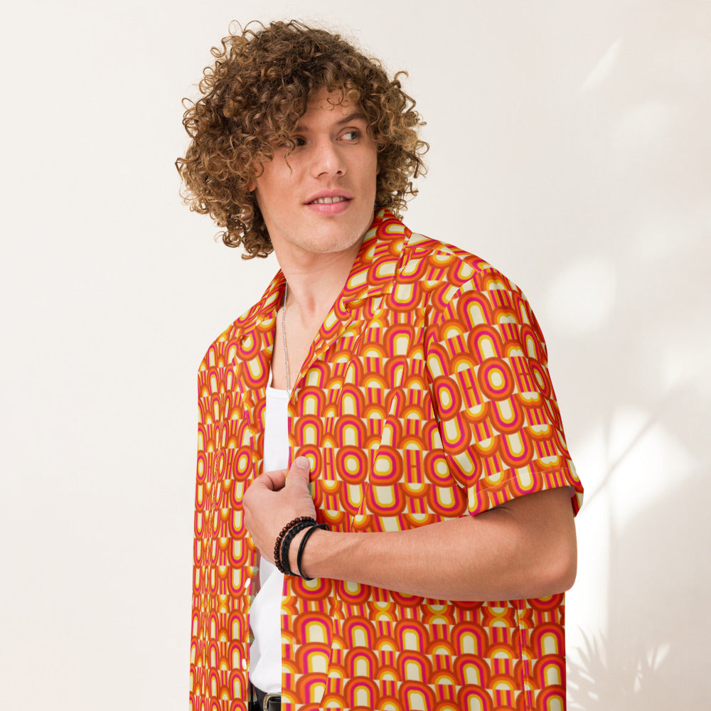 Tequila Sunrise Geo button-up shirt on a man, front