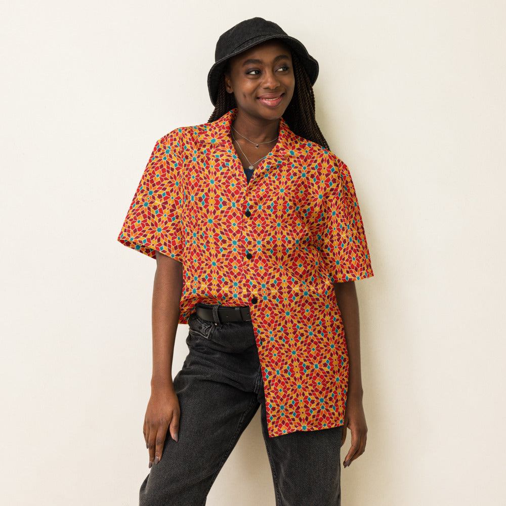 Blaze Mosaic button-up shirt on a woman, front