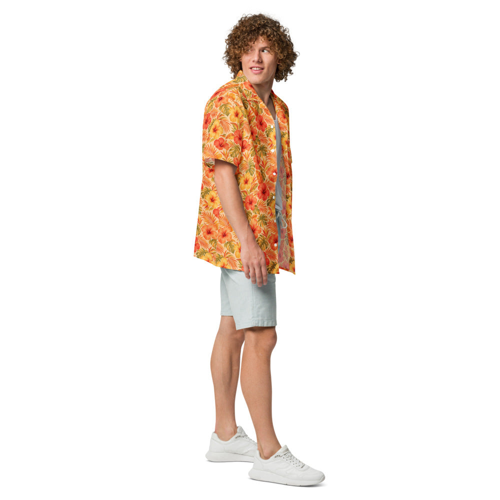 Inferno Hibiscus button-up shirt side view