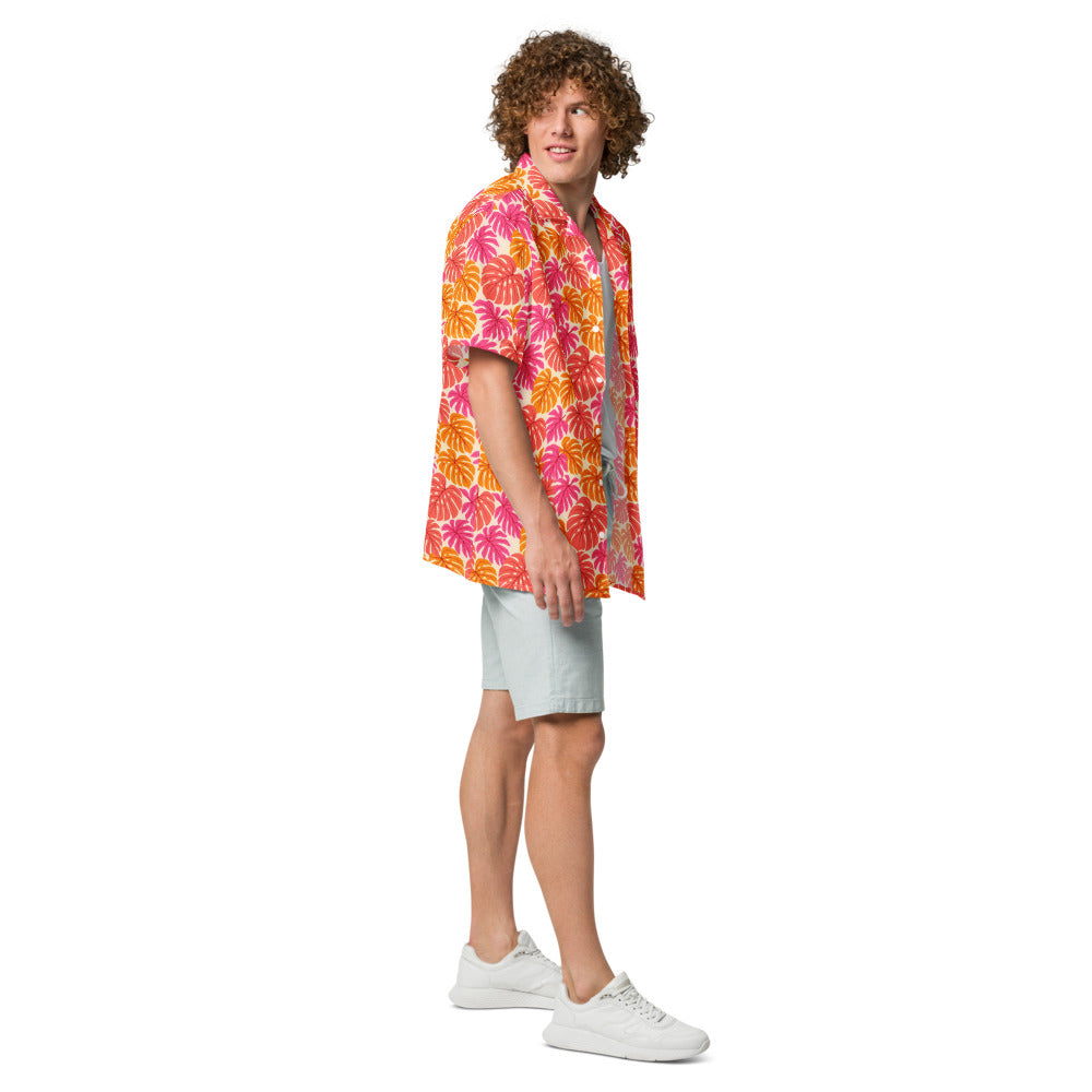 Coral Monstera button-up shirt side view