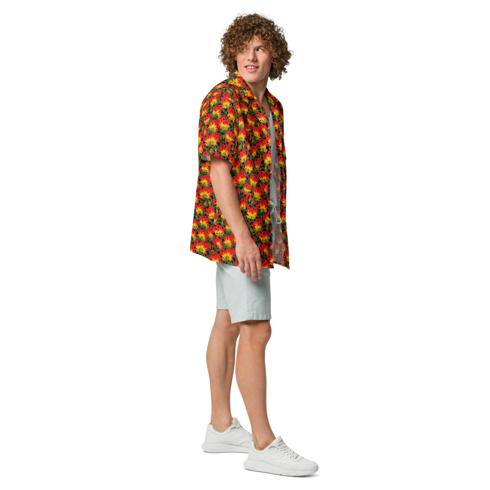 Flame Lily button-up shirt side view