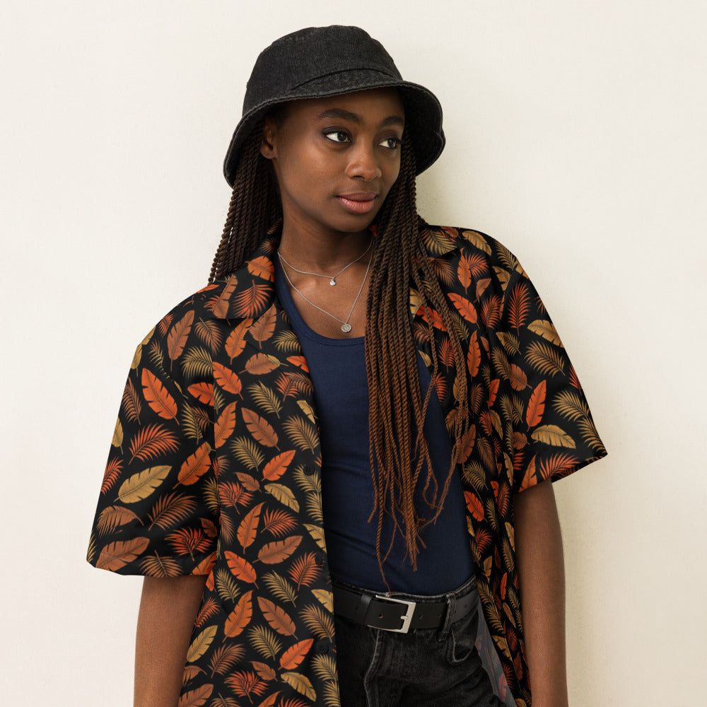 Lava Palm button-up shirt on a woman, three-quarter view