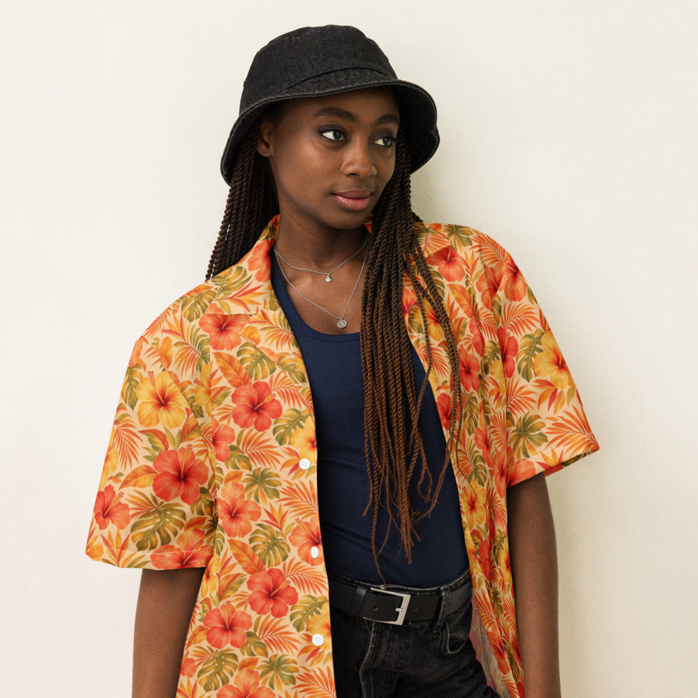 Inferno Hibiscus button-up shirt on a woman, three-quarter view