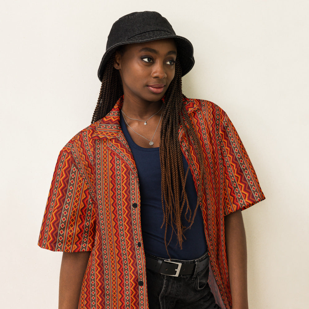 Solar Crochet Stripe button-up shirt on a woman, three-quarter view