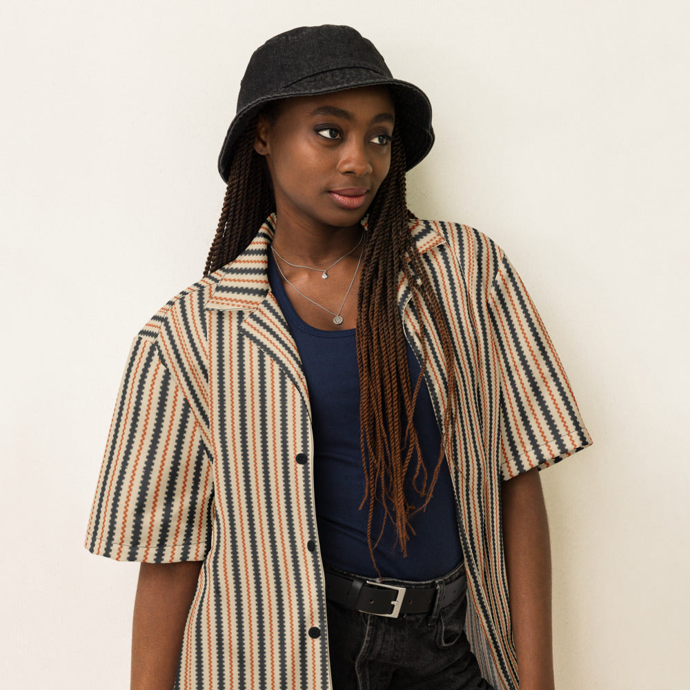 Ember Jacquard Stripe button-up shirt on a woman, three-quarter view
