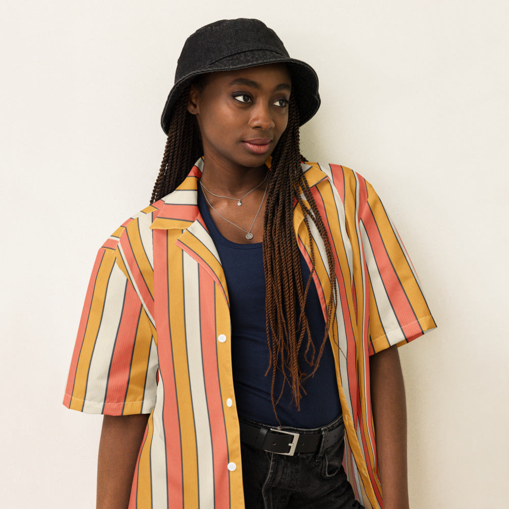 Sunset Wide Stripe button-up shirt on a woman, three-quarter view