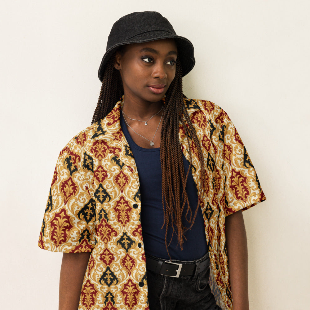 Gold Flame Baroque button-up shirt on a woman, three-quarter view