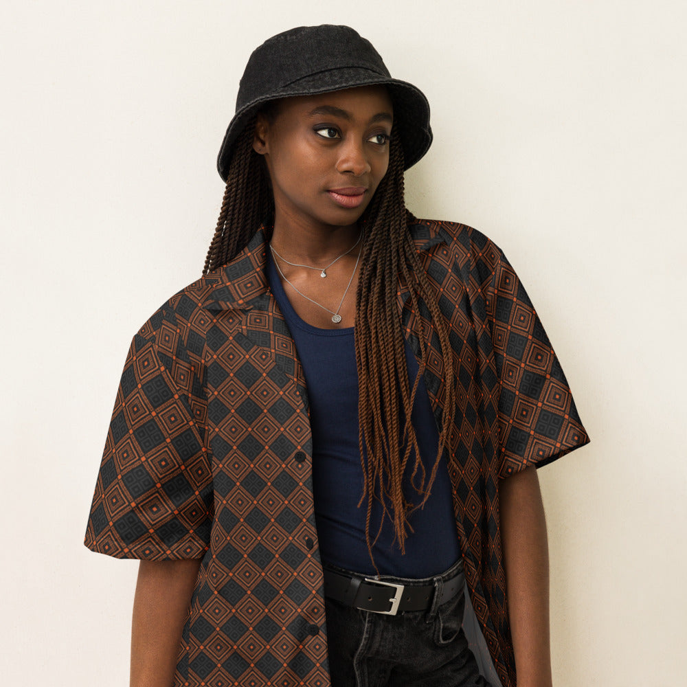 Black Ember Diamond button-up shirt on a woman, three-quarter view