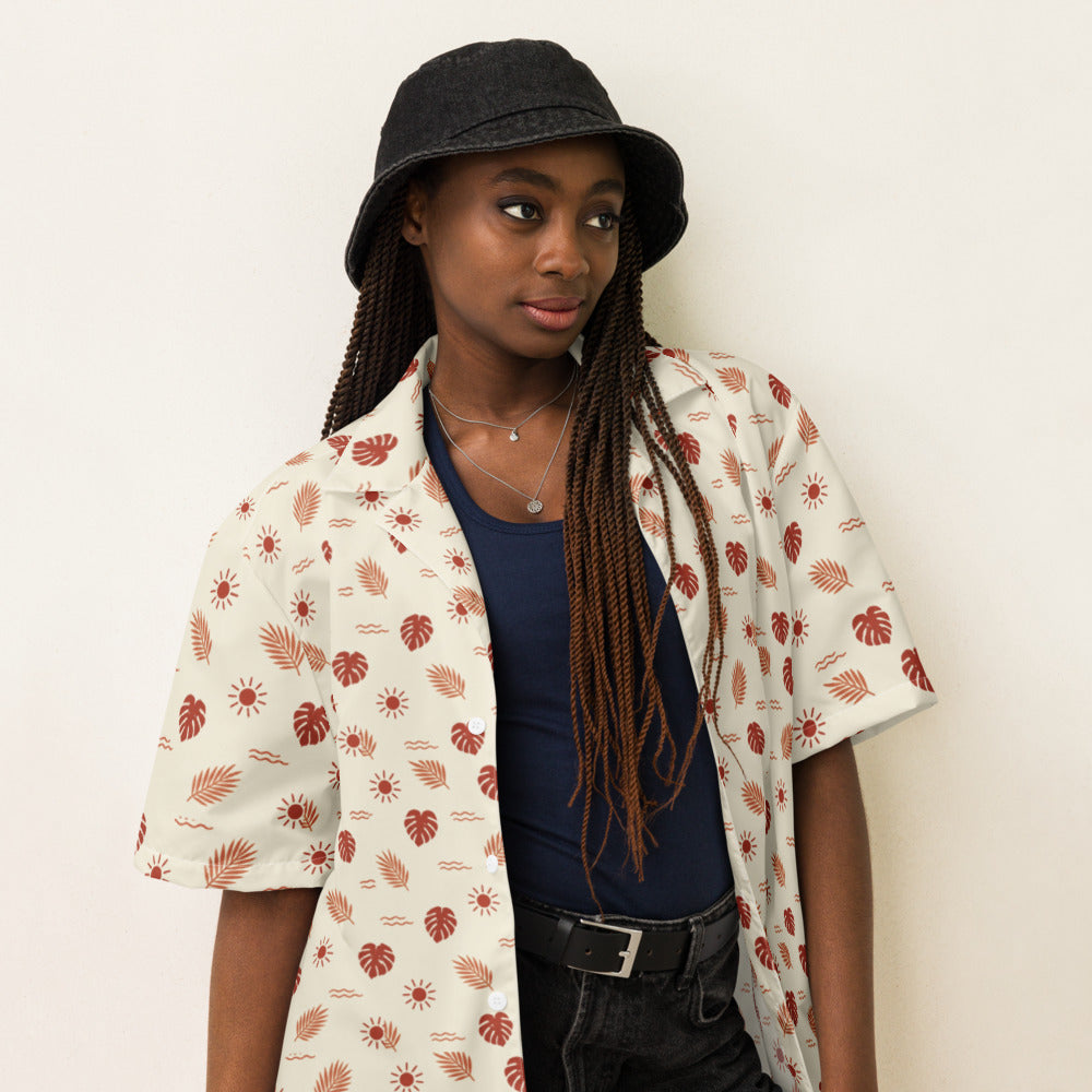 Desert Sun button-up shirt on a woman, three-quarter view