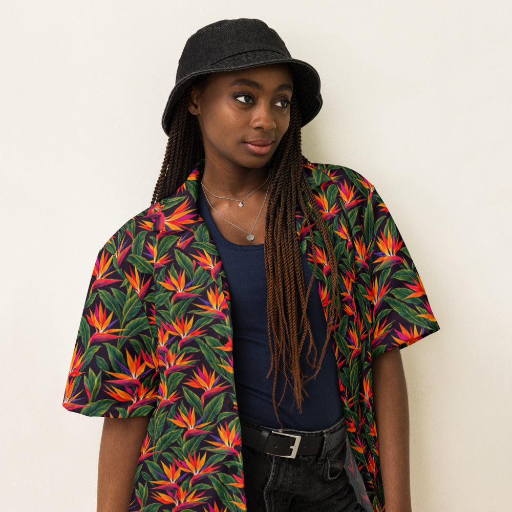 Bird of Paradise Blaze button-up shirt on a woman, three-quarter view