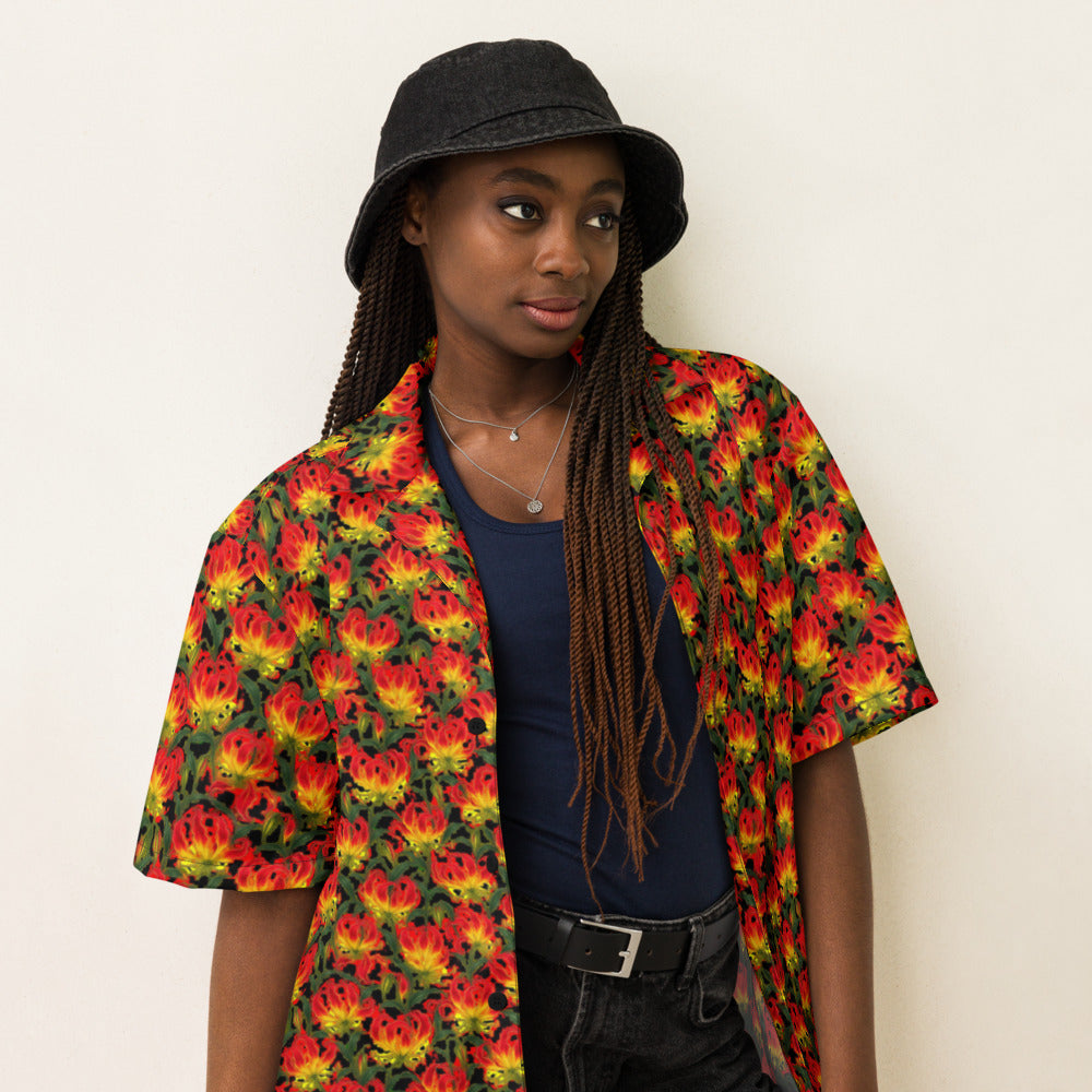 Flame Lily button-up shirt on a woman, three-quarter view