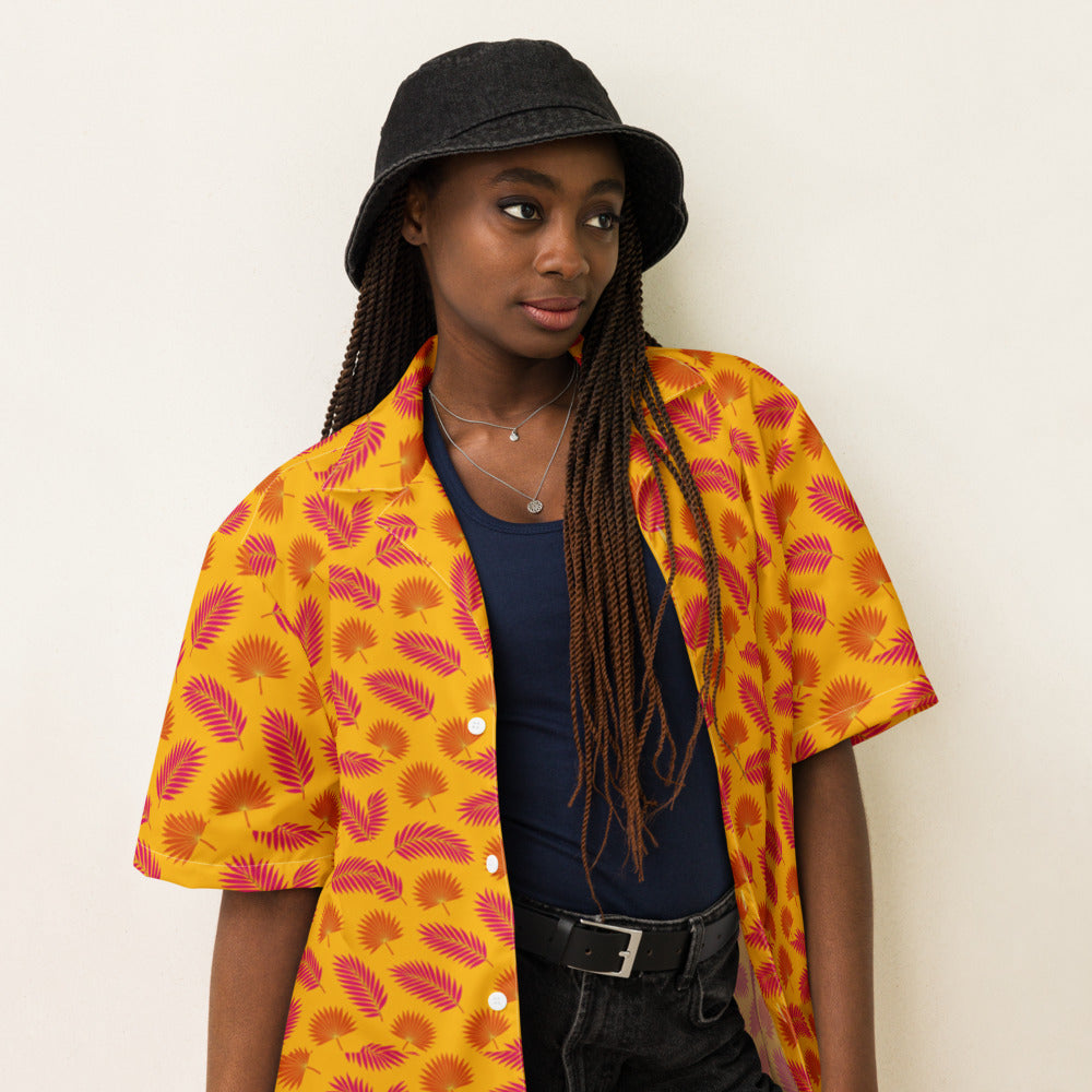Mango Tango Palm button-up shirt on a woman, three-quarter view