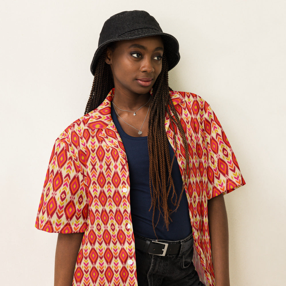 Inferno Ikat button-up shirt on a woman, three-quarter view